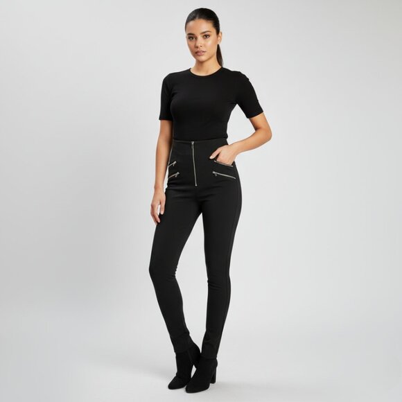 Zara Woman Black High Rise Skinny Pants XS Moto Zip Front Stretch Leggings - Picture 1 of 10
